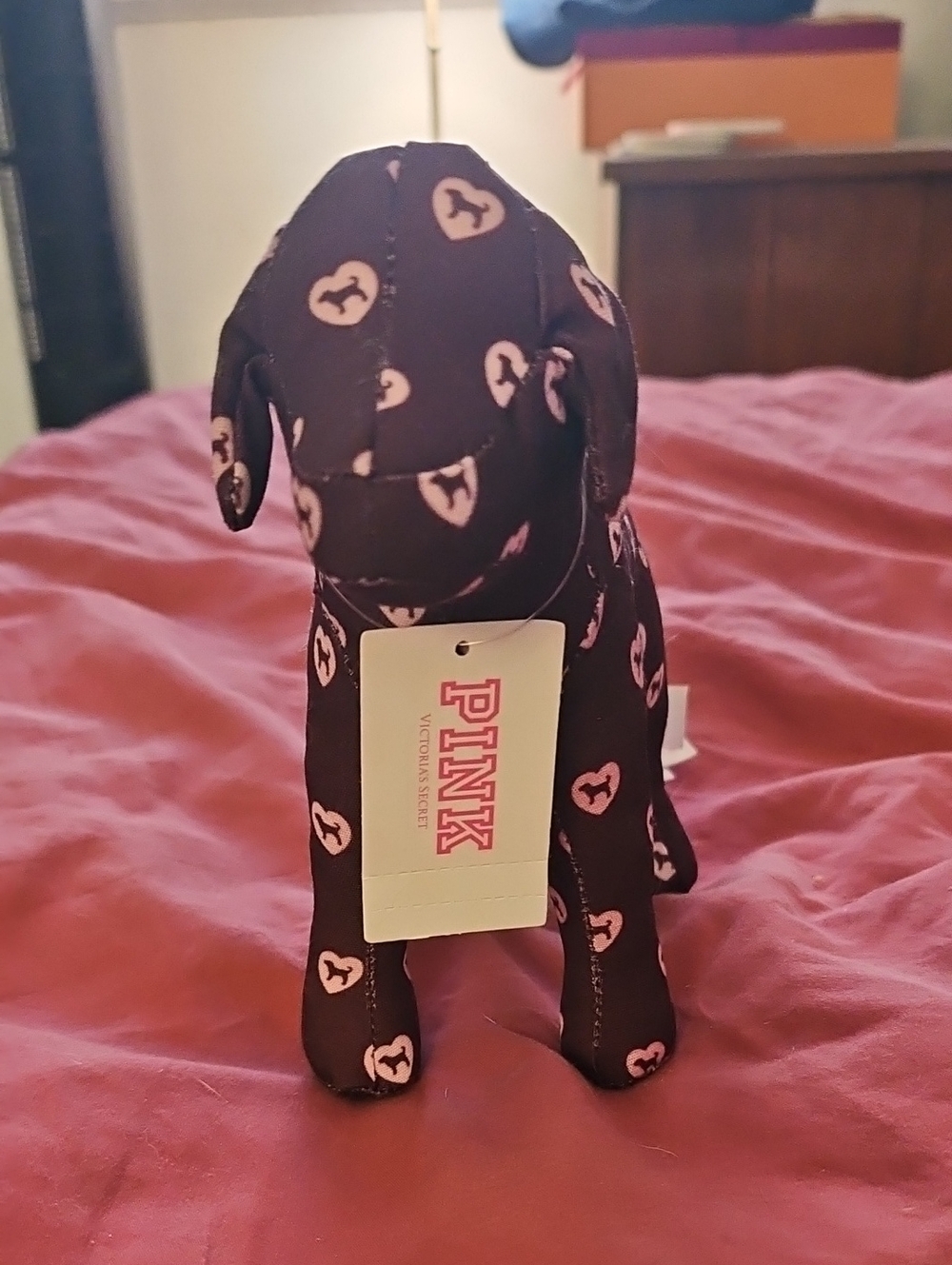 PINK Victoria's Secret Plush Dog with Pink Heart Print - Burgundy